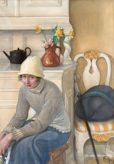 Girl with Ice Skates, Interior from the School Household, Falun 1917 by Carl Larsson